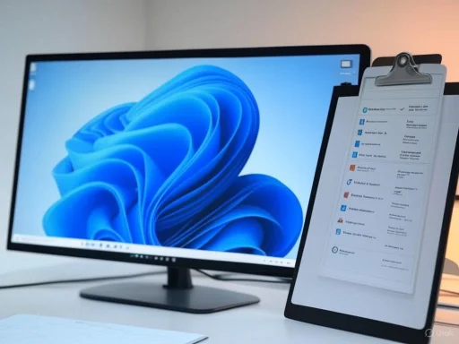 A computer monitor displaying a blue abstract design beside a clipboard with documents on a desk. A computer monitor displaying a blue abstract design beside a clipboard with documents on a desk.