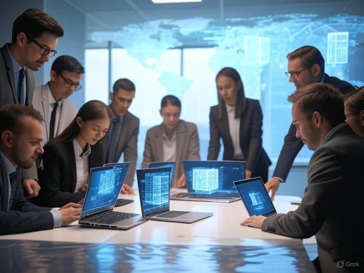 Business professionals analyze digital blueprints and data on laptops during a high-tech meeting.