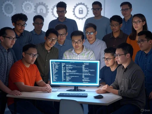 A group of young professionals gathers around a computer with code on the screen, in a tech or cybersecurity setting.
