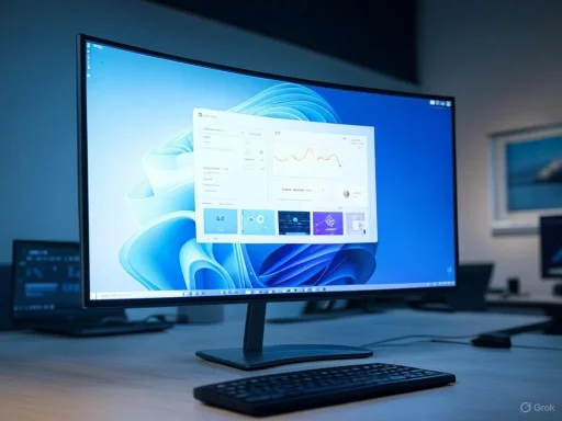 A computer monitor displays a desktop screen with multiple windows open in a modern workspace setting.