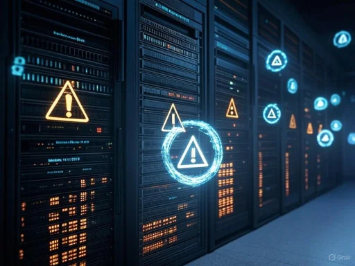 Server racks show warning alerts with digital caution symbols in a data center or server room.