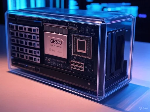 A transparent case reveals a high-tech computer component inside, illuminated by blue and pink lighting.