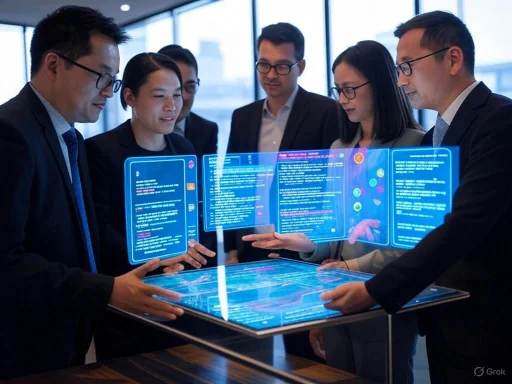 Business professionals collaborate around a futuristic interactive digital table displaying holographic documents. Business professionals collaborate around a futuristic interactive digital table displaying holographic documents.