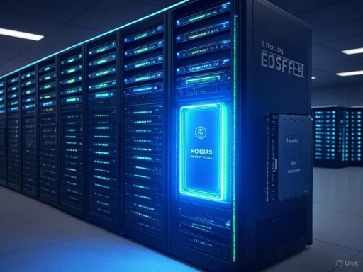 A row of illuminated, high-tech server racks in a data center with glowing blue accents.