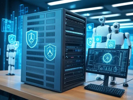 Robots and a computer server in a high-tech security or data center environment.