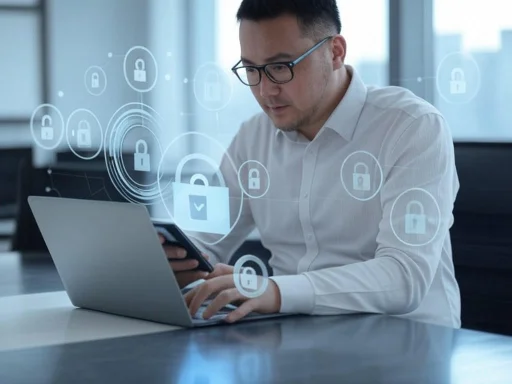 A man working on a laptop and smartphone, surrounded by digital security icons, symbolizing cybersecurity.