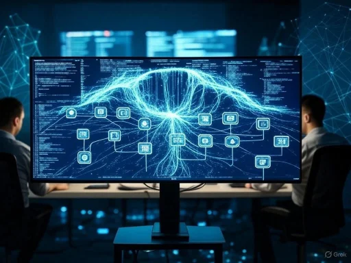 Two individuals analyze a large digital brain network on a screen in a high-tech data center or cybersecurity environment.