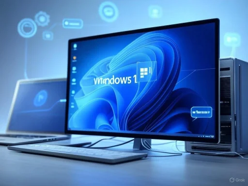 A desktop computer screen displays the Windows 11 logo with a futuristic background, alongside a laptop, on a modern workspace.