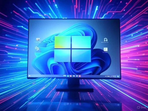 A computer monitor displays the Windows 11 desktop surrounded by colorful, streaking light effects.