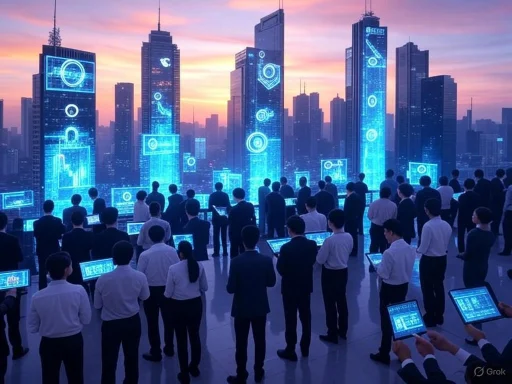 Businesspeople gather on a rooftop overlooking a digital cityscape with holographic skyscrapers at sunset.