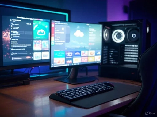 A dual-monitor gaming or streaming setup with a keyboard, gaming chair, and illuminated background.