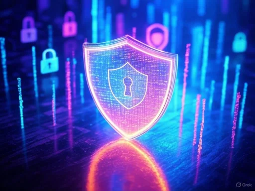 A digital illuminated shield icon with a lock symbol, representing cybersecurity and data protection.