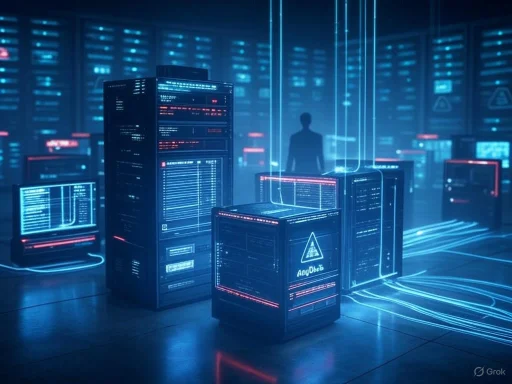A futuristic data center with holographic interfaces and a silhouette of a person in the background.