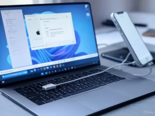 A MacBook laptop connected to an iPhone on a desk, displaying system information on both devices.