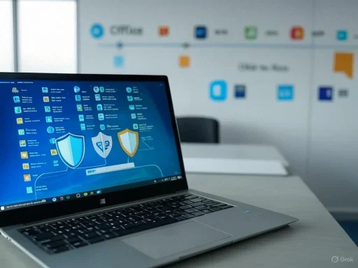A laptop with security shield icons on the screen, in an office with a blurred background of charts and icons.