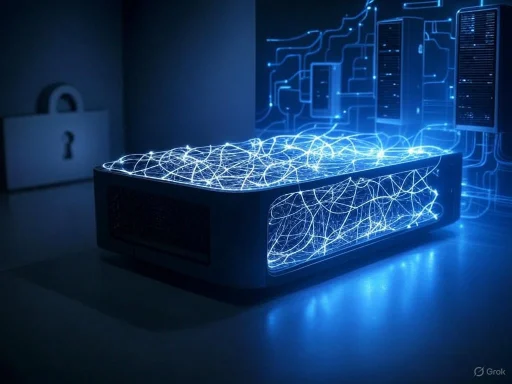 Futuristic illuminated data center or server rack with digital circuits and network connections projected around it.