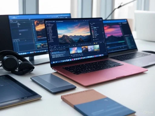 A workspace with multiple monitors, a laptop, headphones, tablets, and notebooks on a white desk.