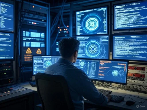 A person monitors multiple screens displaying complex data and radar graphics in a high-tech control room.