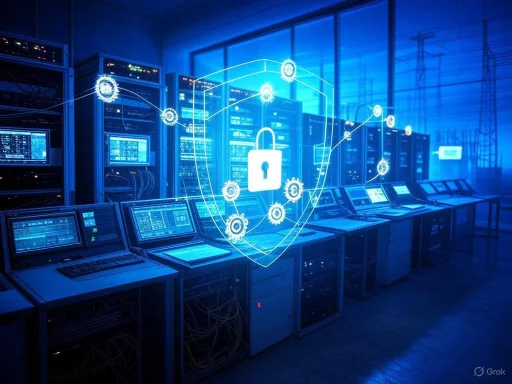 A data center with servers and computer equipment, overlaid with a digital security shield and lock icon.