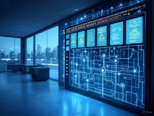 A high-tech control room with a digital schematic display and data screens, overlooking a city skyline through large windows.