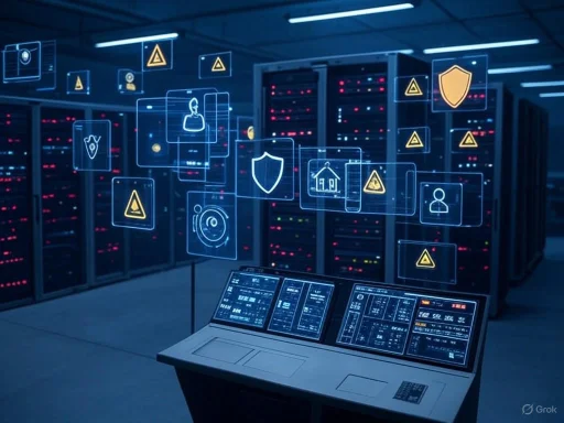 A futuristic data center with digital security icons and a control panel, emphasizing cybersecurity and network protection.