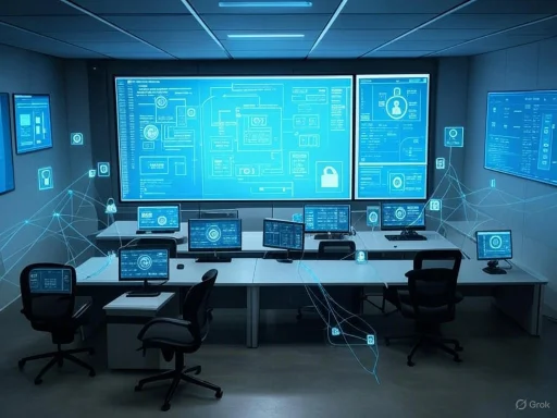 A high-tech security operations room with multiple monitors displaying digital security interfaces and interconnected data.
