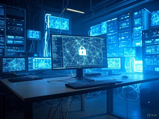 A cybersecurity setup with multiple monitors displaying network security visuals and a padlock symbol.