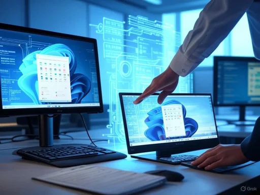 A person interacts with a laptop screen displaying futuristic digital interfaces and data, indicating advanced technology use.