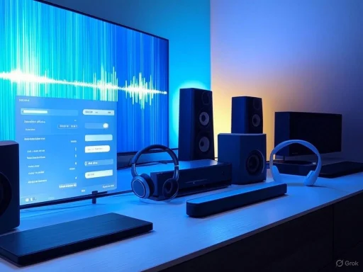 A modern music editing or sound mixing workspace with speakers, headphones, a monitor, and a digital editing interface.