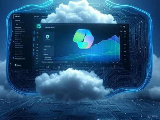 A digital cloud displays data analytics and charts, set against a futuristic circuit board background with clouds in a technology-themed scene.