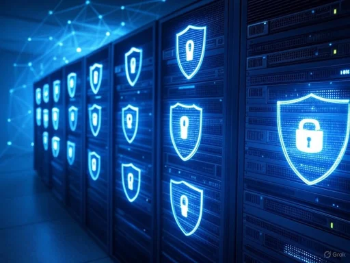 Server racks with illuminated security shield icons indicating data protection and cybersecurity.