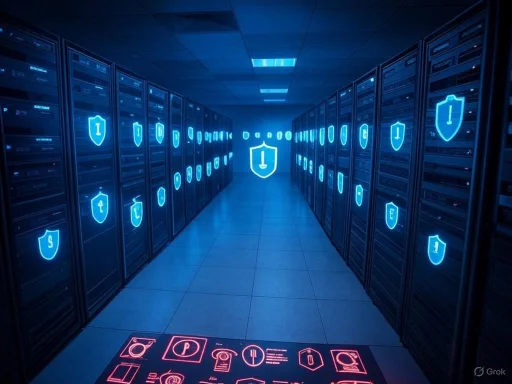 A data center corridor with glowing blue protection shields and symbols, illuminated by neon lights. A data center corridor with glowing blue protection shields and symbols, illuminated by neon lights.