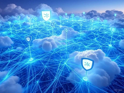 A digital cloud network with security icons and interconnected lines amid a cloudy sky.