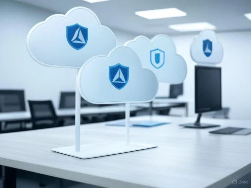 Cloud security symbols displayed on a mock-up in a modern office with computers.