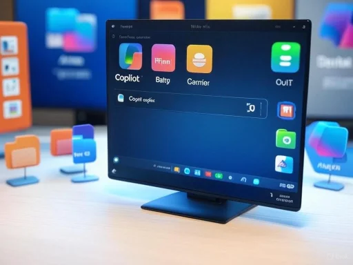 A computer monitor displays a file transfer screen with various app icons in a colorful workspace.