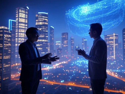 Two professionals converse under a digital, glowing globe in a futuristic cityscape at night. Two professionals converse under a digital, glowing globe in a futuristic cityscape at night.