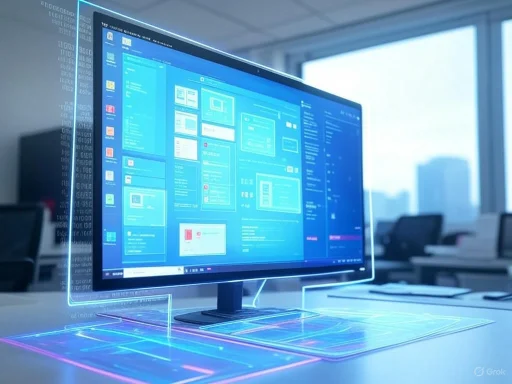 A futuristic holographic display of a computer screen on a desk in an office setting.