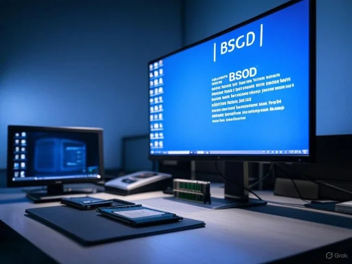 A computer workstation with two monitors, one displaying blue text and the other with blue background and icons.