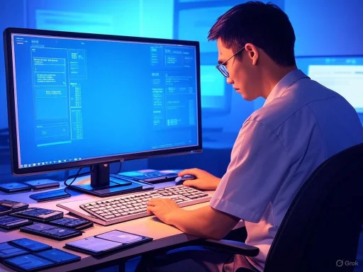 A person in medical attire working on a computer surrounded by multiple smartphones and devices in a high-tech environment.