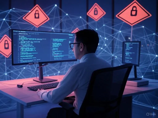 A cybersecurity expert analyzing code on a dual-monitor setup with digital lock icons and network lines in the background.