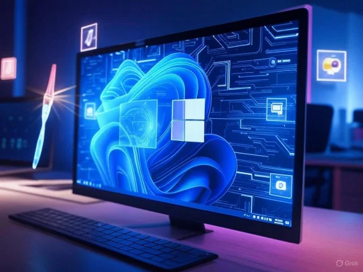A computer monitor displays a digital, futuristic interface with a Windows logo and various app icons, illuminated in a tech-themed setting.