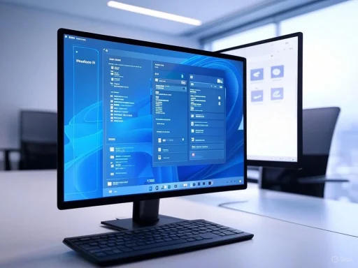 Two computer monitors displaying digital workflows or applications in a modern office environment.