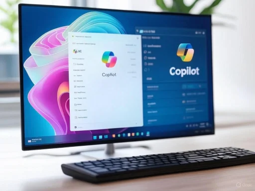 A computer monitor displays the Copilot software interface on a colorful desktop background.