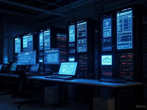 A high-tech control room with multiple computer monitors displaying data and server racks, bathed in blue light.