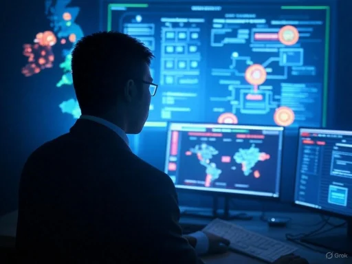A man in glasses analyzes cybersecurity data on multiple monitors displaying world maps and network diagrams.