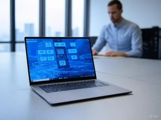 A person sits at a desk with a laptop displaying a futuristic digital interface, blurred background of windows.