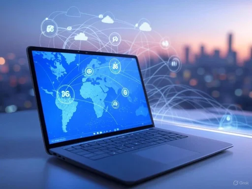 A laptop displaying a global network map with interconnected data points and cloud icons, symbolizing digital connectivity.