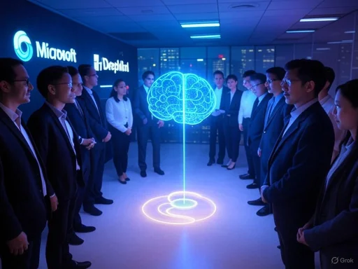 A group of professionals gathered around a digital hologram of a brain inside a modern office with corporate branding. A group of professionals gathered around a digital hologram of a brain inside a modern office with corporate branding.