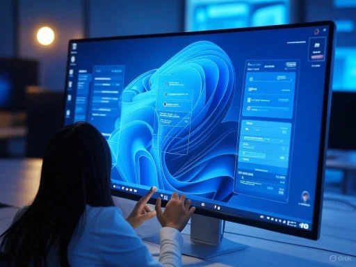 A person interacts with a large computer screen displaying a futuristic, blue-themed digital interface or operating system.
