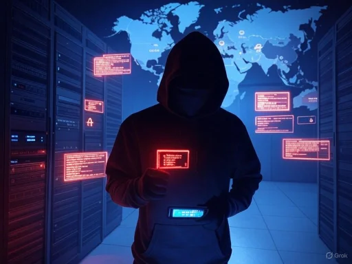 A hooded figure holding a glowing red card in a data center with a world map and digital info panels.